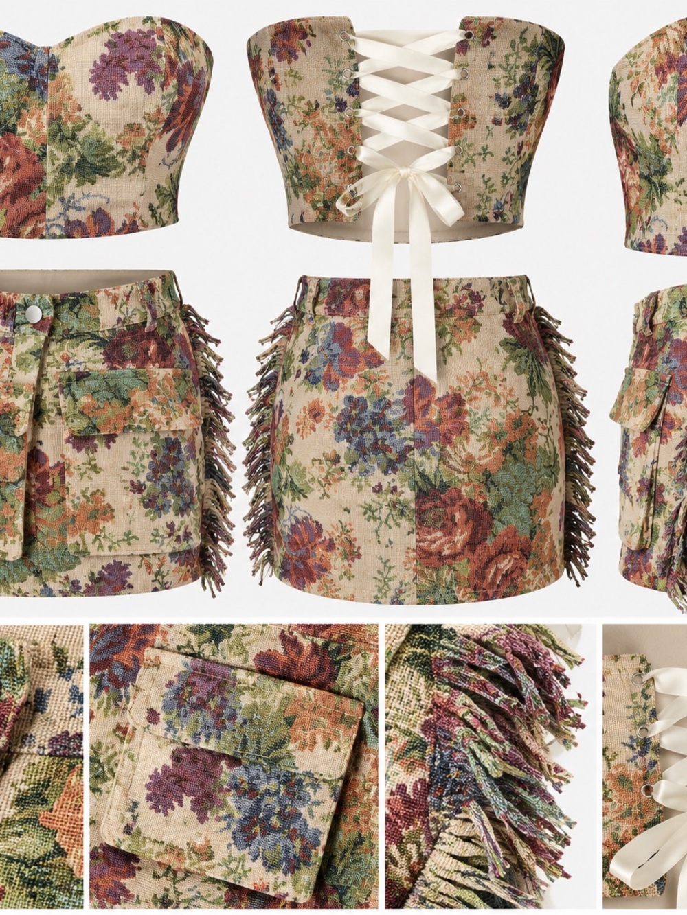 Floral Fringe Mini Skirt - Beige Multi